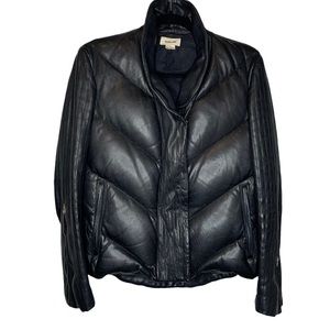 HELMUT LANG Black Leather Moto Down Puffer Jacket Coat with Zippers